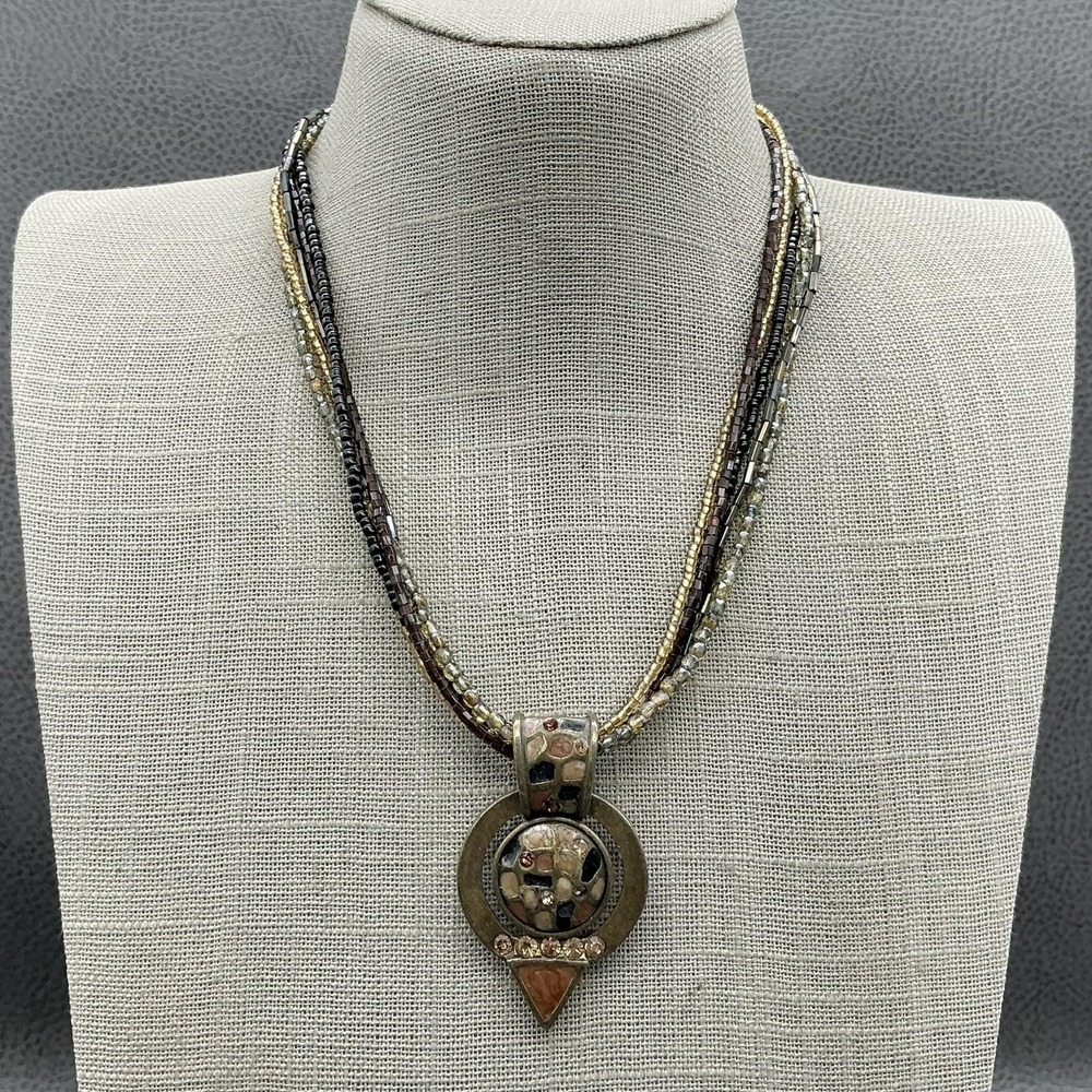 Chicos Necklace Multicolor Beaded Layered Pendant‎ Bronze Tone Crystal 18 In